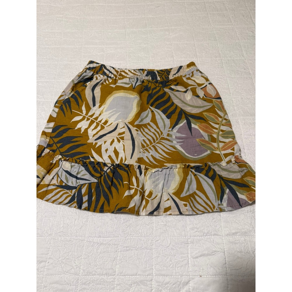 C&C California Womens XS Linen Tropical Leaf Print Ruffle Hem Mini Skirt Mustard